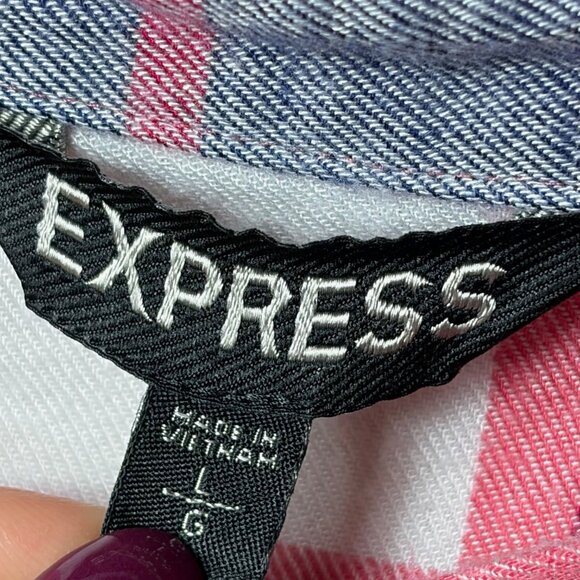 Express Pink Plaid Flannel Button Down Shirt - Size Large - Picture 3 of 6